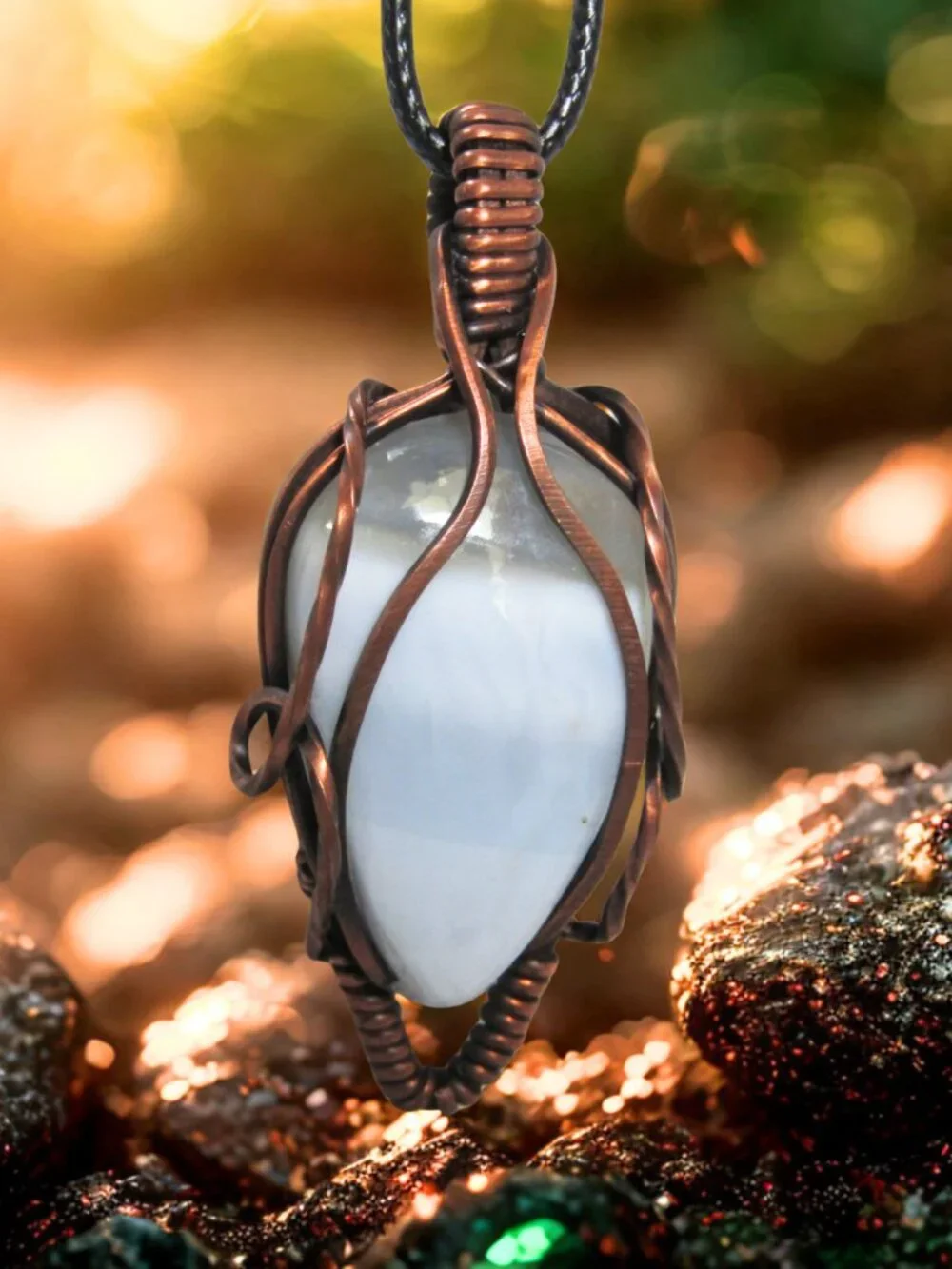 Handmade Blue Opal Wire Wrapped Copper Pendant Necklace